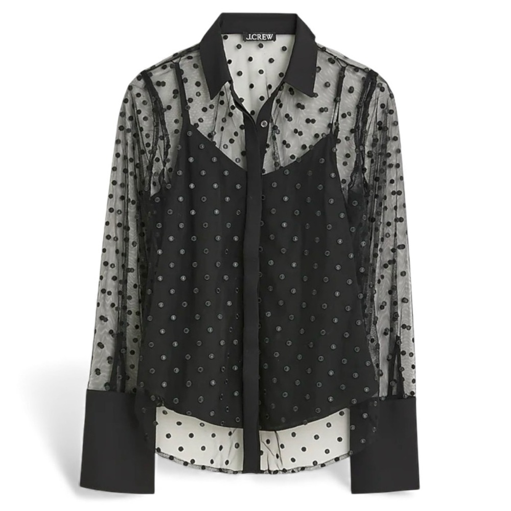 New J. Crew Sheer Swiss Dot Mesh Blouse Collared Cocktail Party Top Black 00